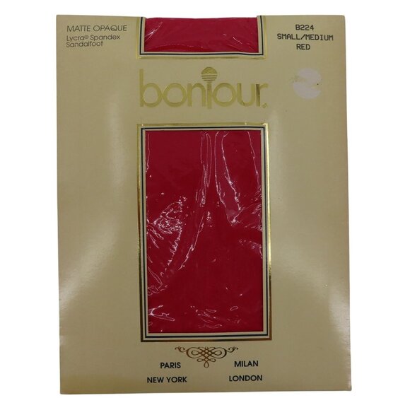 VTG Bonjour Women Small Medium S/M Matte Opaque Red Sandalfoot Pantyhose NEW - Picture 1 of 9